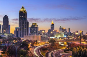 Atlanta, Georgia downtown skyline at sunrise.